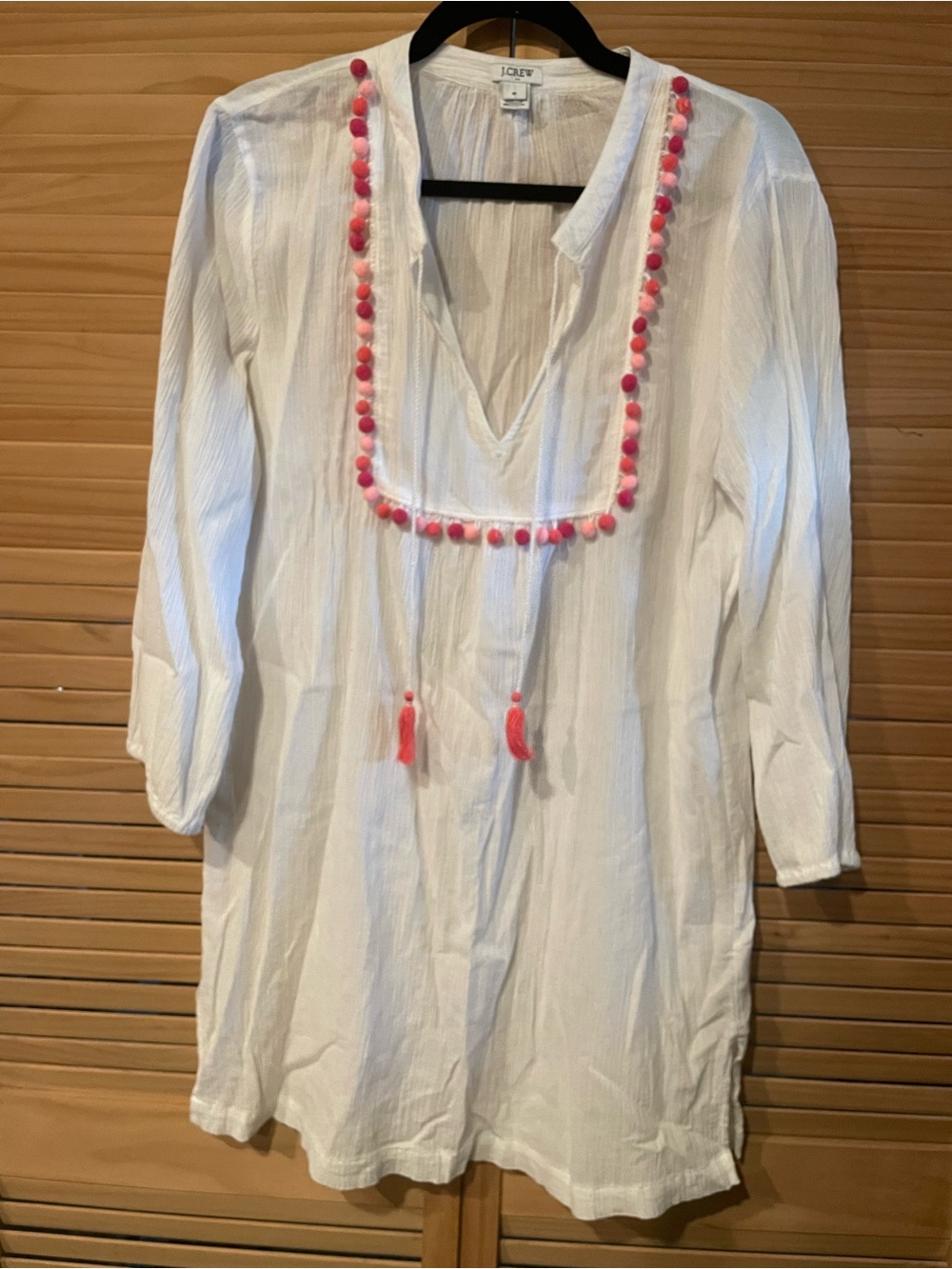 J. Crew White Cotton Tunic with Coral Tassel